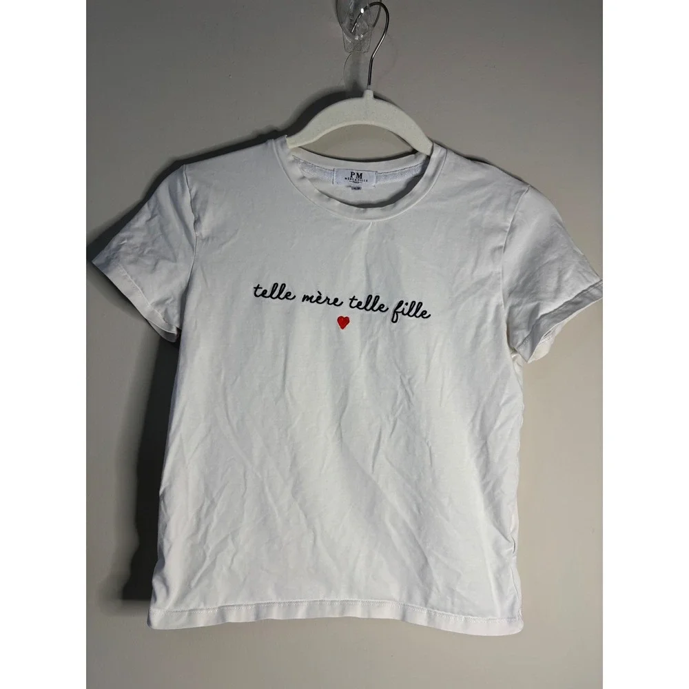 PM Mere et Fille Paris White Short Sleeve T  Kids Size‎ 12 French Saying Heart